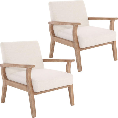 Mid Century Modern Accent Chair Set of 2, Linen Upholstered Living Room Accent Armchair with Wood