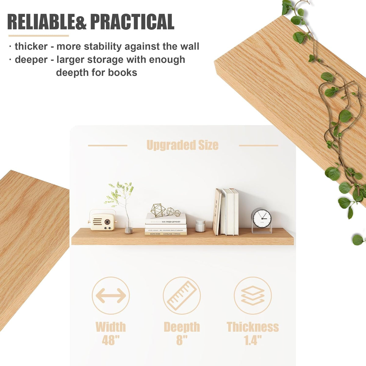 Floating Shelves for Wall, USA-Sourced Oak Wood 48 Inch Long Wall Shelves, Natural Wooden Wall
