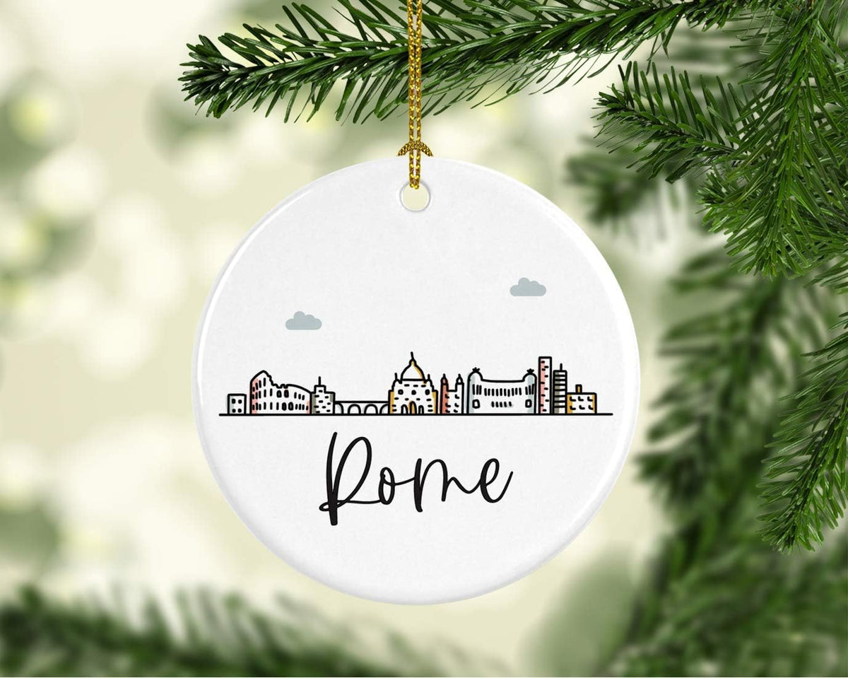 Andaz Press Round Ceramic Porcelain Christmas Tree Ornament Keepsake Gift, Rome, Colorful