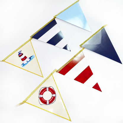Navy Red Beige Gold Glitter Stamping Paper Pennant Banner Flag Triangle Bunting for Nautical Pirate