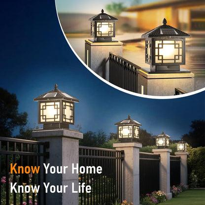 SLAWA 9.8In Solar Lighting Lantern Outdoor Post Caps Light with Solar Powered LED Column Lamp Black