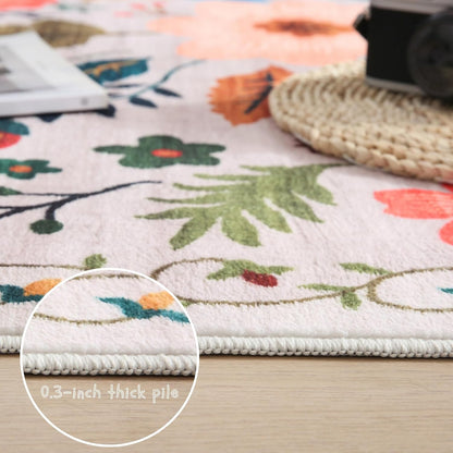 Area Rug 4x6 Rug Washable Boho Rugs Non Slip Low Pile Floral Small Carpet for Bedroom, Bedside