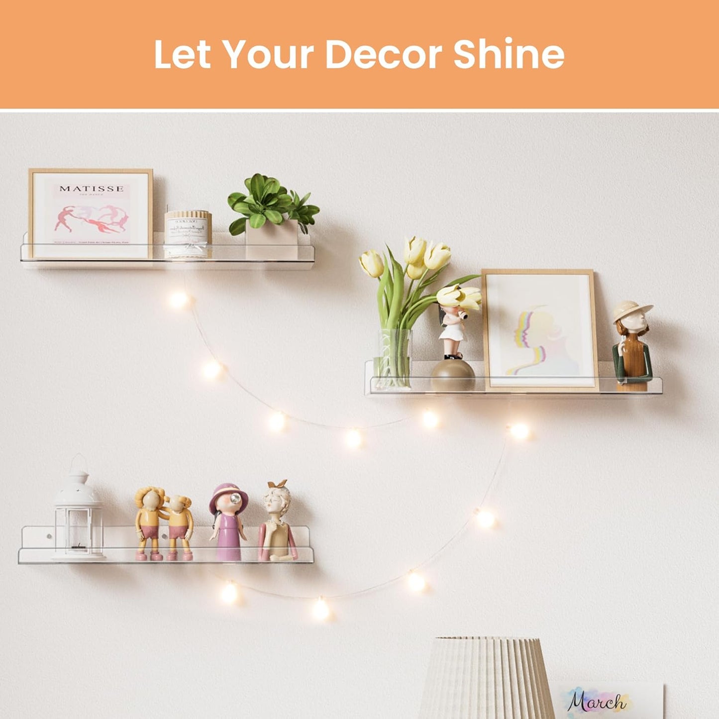upsimples 4 Pack Acrylic Shelves for Wall Storage, 15" Floating Bookshelves for Kids, Display Shelf