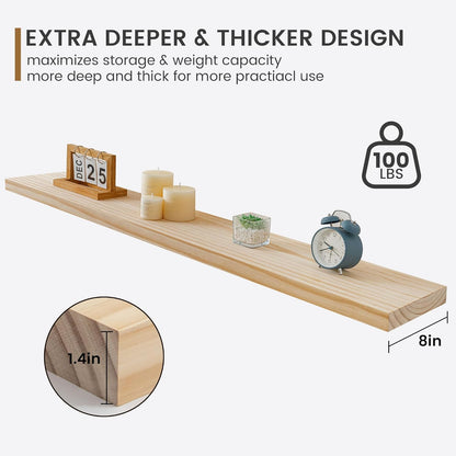 Fun Memories 48 Inch Floating Shelves for Wall, Deep Rustic Solid Pine Wood Floating Shelf