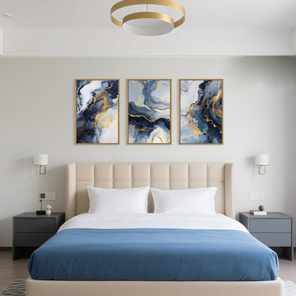 Celestdeco Blue Abstract Framed Canvas Wall Art Set, Blue Golden Aesthetic Wall Decor, Navy Blue