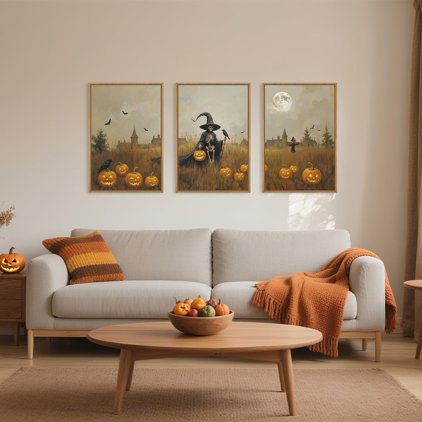 Celestdeco Halloween Ghost Reaper Framed Wall Art Set, Scary Witchy and Pumpkin Wall Decor, Horror
