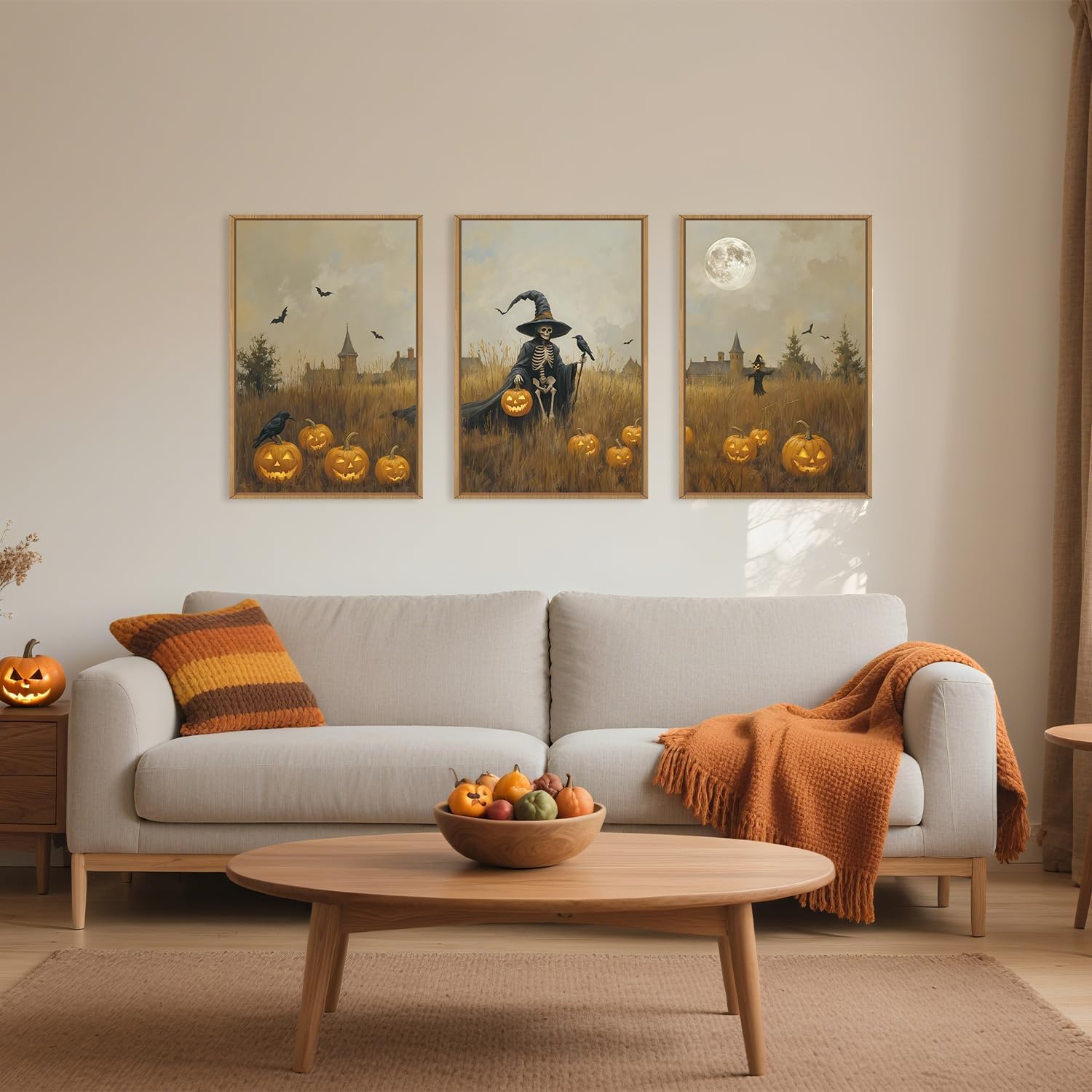 Celestdeco Halloween Ghost Reaper Framed Wall Art Set, Scary Witchy and Pumpkin Wall Decor, Horror