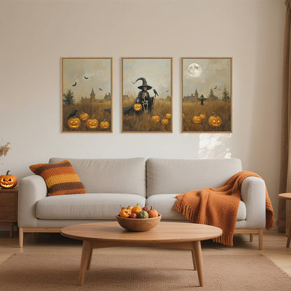 Celestdeco Halloween Ghost Reaper Framed Wall Art Set, Scary Witchy and Pumpkin Wall Decor, Horror