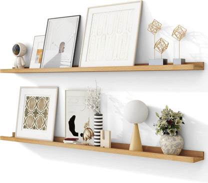 Solid Ash Wood Picture Ledge Shelf, Floating Shelves Set of 2, 56 Inch Long Large Ledge Shelves