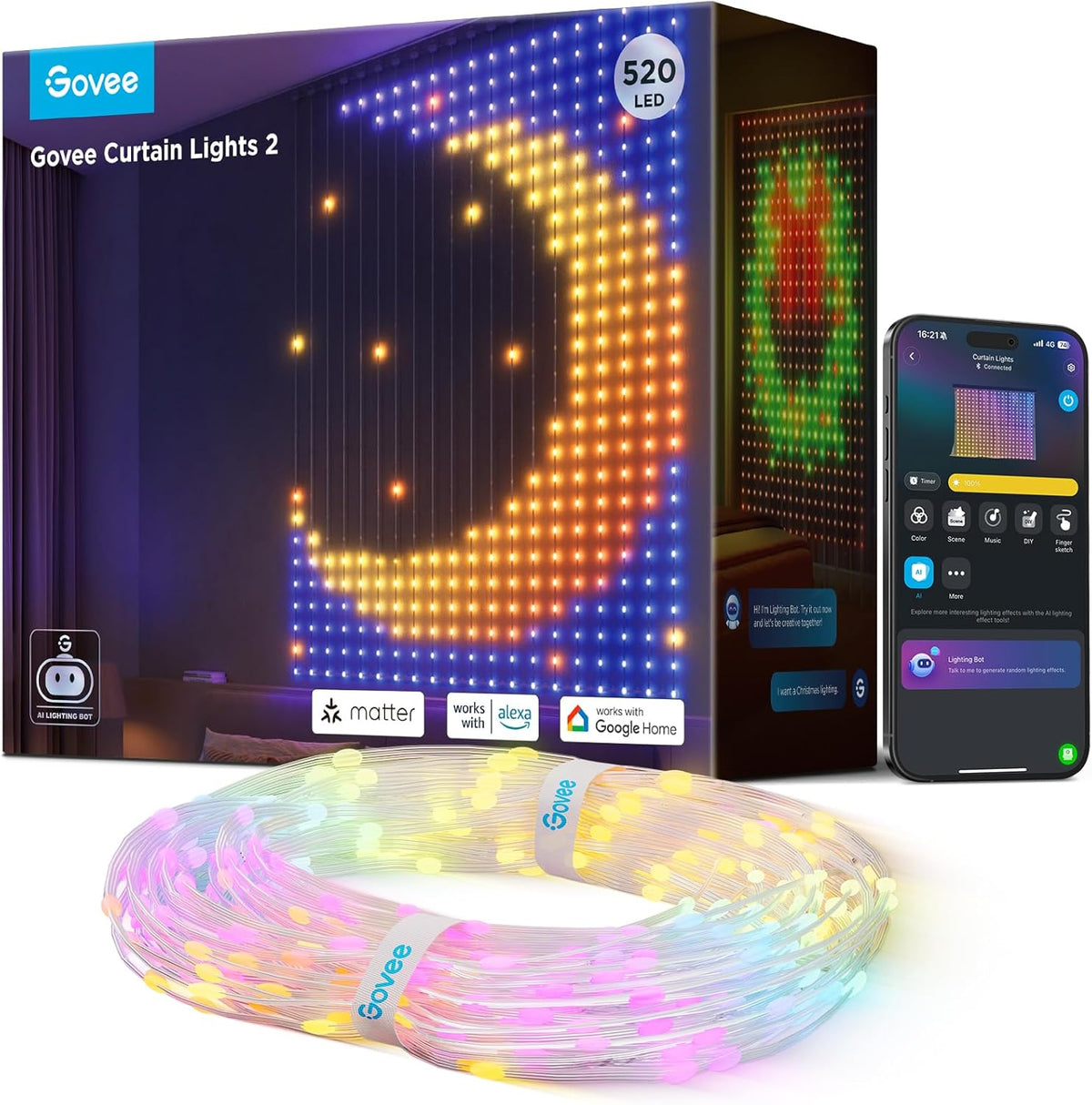 Govee Curtain Lights 2, 520 LEDs, Smart LED Curtain Light with DIY GIF AIGC, Non-Splicable, RGBIC