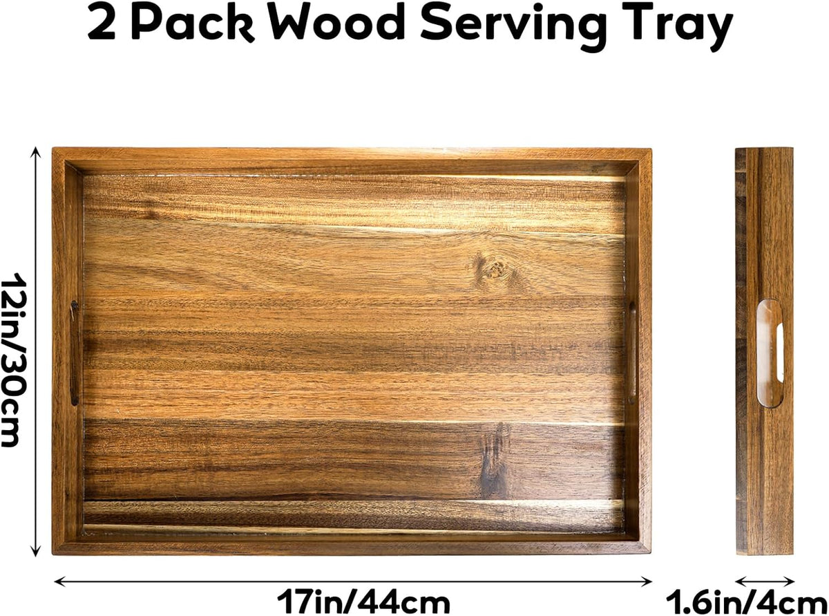 YOUEON 2 Pack Large Acacia Wood Serving Tray with Handles, 17x12 Inch Decorative Wood Trays for