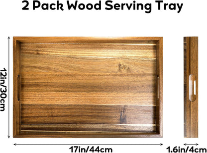 YOUEON 2 Pack Large Acacia Wood Serving Tray with Handles, 17x12 Inch Decorative Wood Trays for