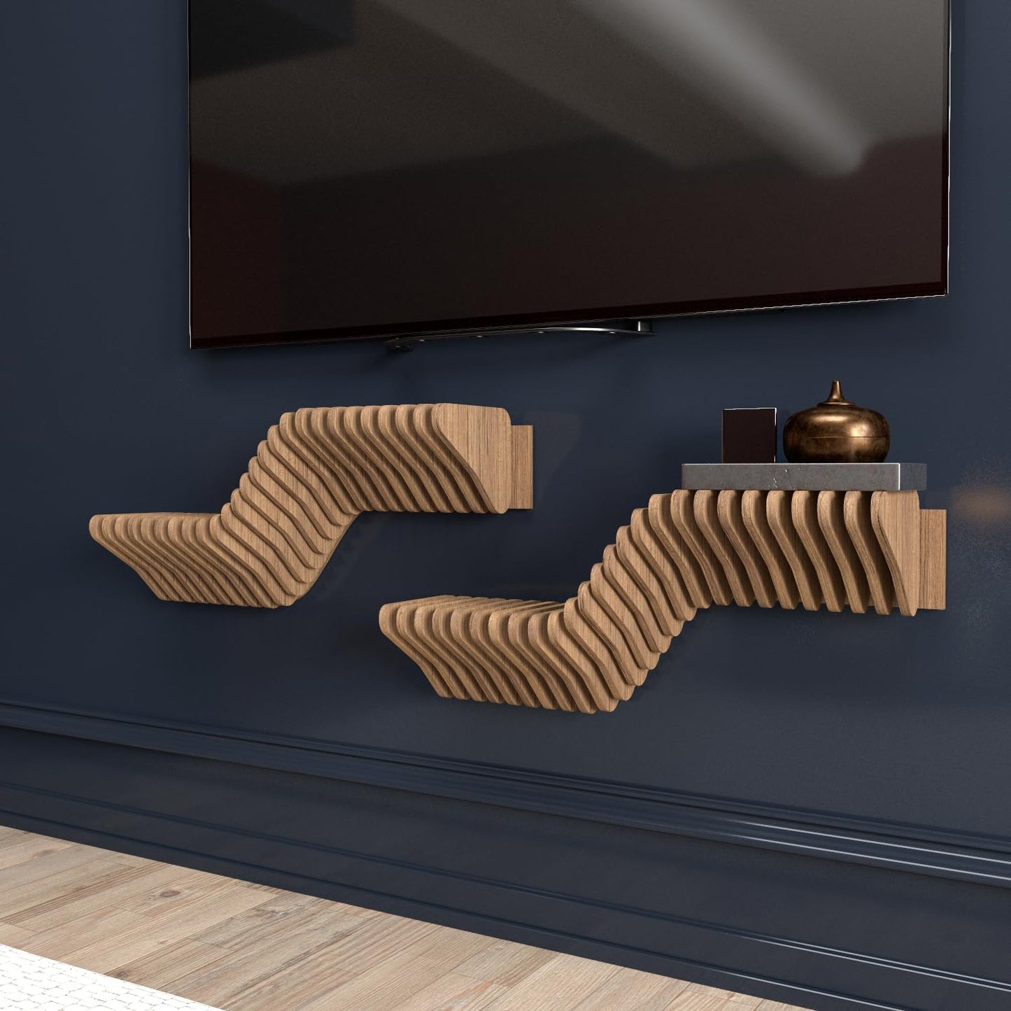 Parametric 20 inch Floating Shelf TV Unit Modern Geometric Wooden Wall Piece Decor Natural Oak