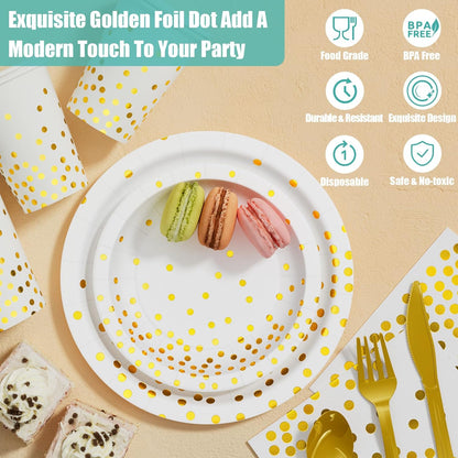 White and Gold Party Supplies, 350PCS Disposable Dinnerware Set w/White Paper Plates Napkin Cups