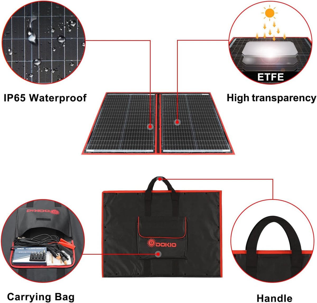 DOKIO 100W Portable Foldable Solar Panel Kit, Compact 21x28in Design 5.9lb with Standalone