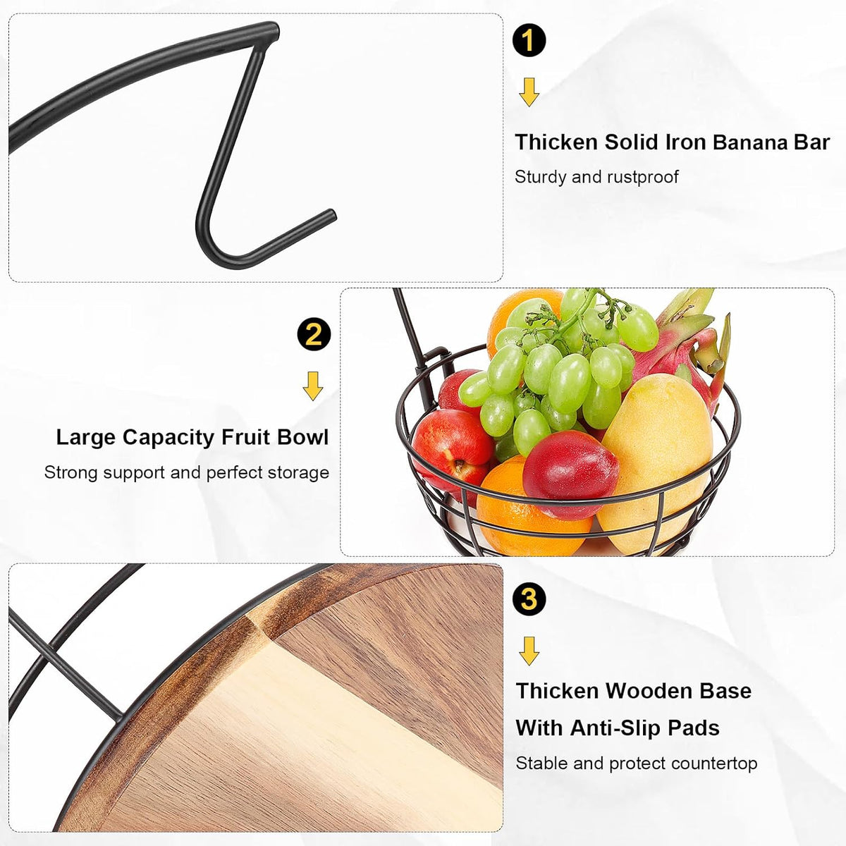 Livabber Countertop Fruit Basket Bowl with Banana Hanger, Modern Standing Fruit Vegetable Bowl