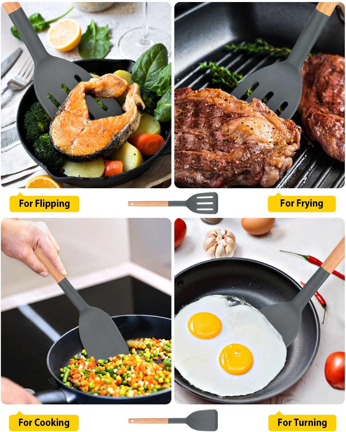 Pack of 2 Silicone Cooking Spatula, Heat Resistant Solid Turner, Non Stick Slotted Spatulas with