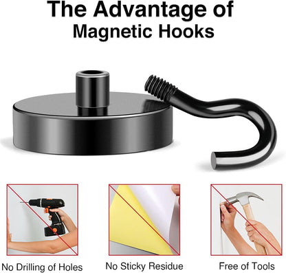 MIKEDE Black Magnetic Hooks, 80Lbs Heavy Duty Earth Magnets with Hooks for Cruise Cabin, Strong