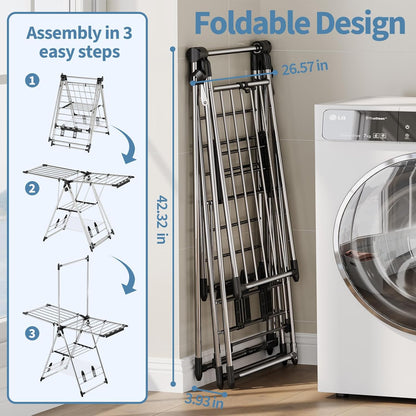 APEXCHASER Clothes Drying Rack with High Hanger, Foldable 3-Level Drying Racks with Shoe Rack