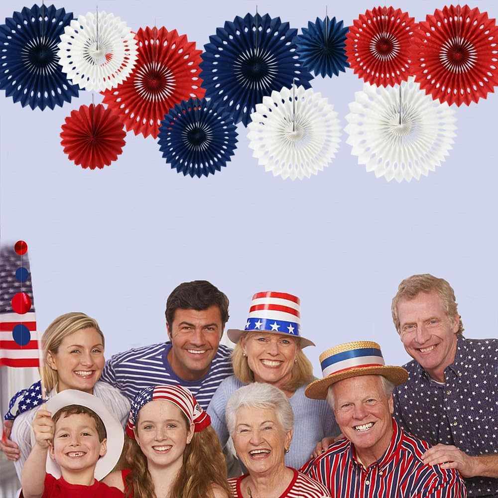 BEISHIDA Red White Blue Hanging Honeycomb Round Paper Fans Decoration Patriotic Theme Tissue Paper