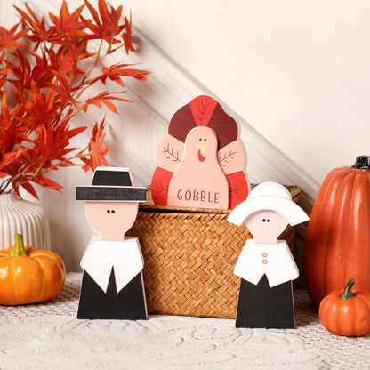 Amorita Fall Thanksgiving Decorations Wooden Turkey Pilgrim Couple Table Sign 3 Pcs Fall
