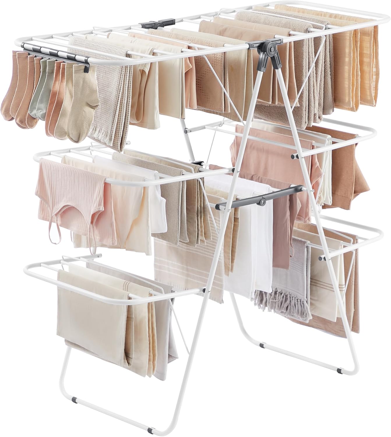 SONGMICS Clothes Drying Rack, Foldable 3-Level Laundry Rack, Free-Standing Large Drying Rack, with