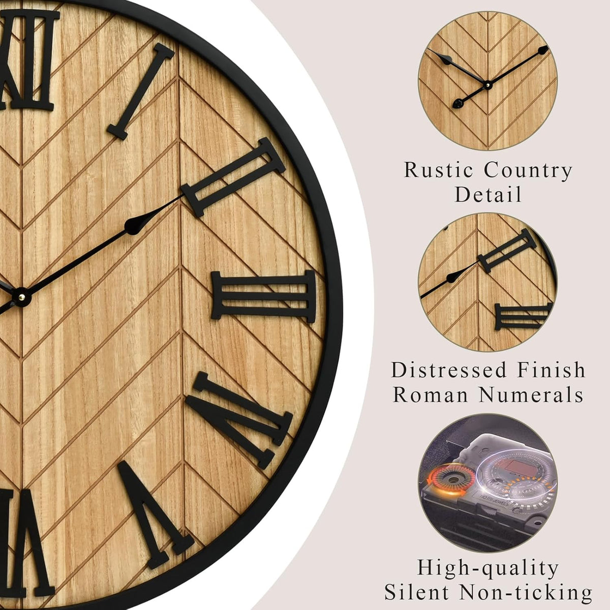 30 Inch Large Wall Clock Farmhouse Style - Brown Silent Non-Ticking Rustic Decor for Living Room