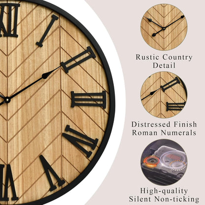 30 Inch Large Wall Clock Farmhouse Style - Brown Silent Non-Ticking Rustic Decor for Living Room