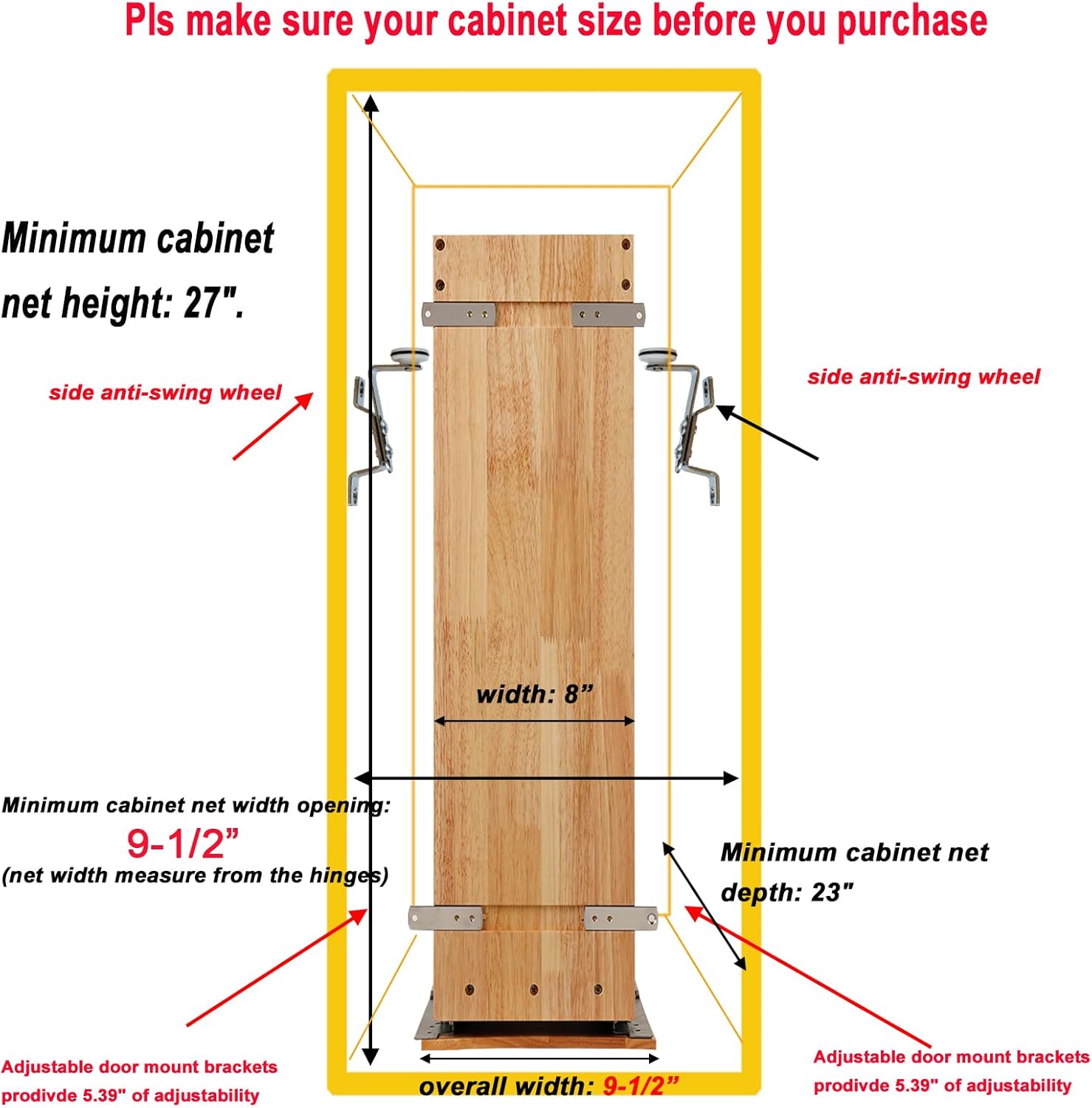 DINDON Pull Out Spice Rack Cabinet Organizer, (8" W x 21.9" D x 25.2" H) Multi-Use Soild Wood Pull