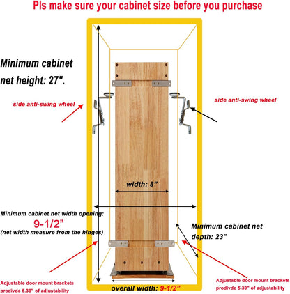 DINDON Pull Out Spice Rack Cabinet Organizer, (8" W x 21.9" D x 25.2" H) Multi-Use Soild Wood Pull