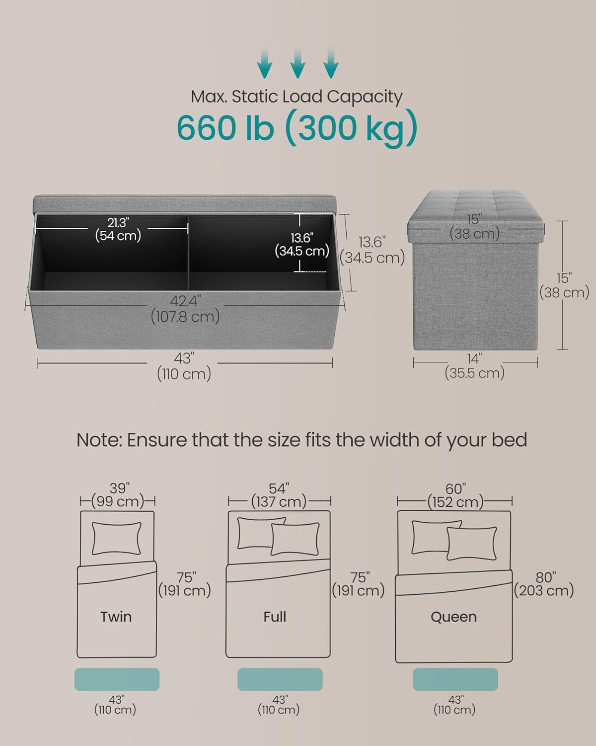 SONGMICS MAZIE Collection - 43 Inches Folding Storage Ottoman Bench, Ottoman Foot Rest, End of Bed
