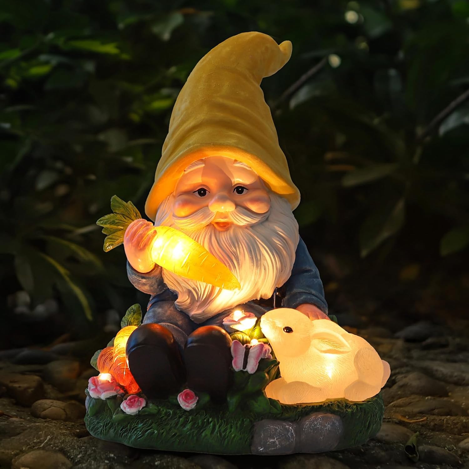 Solar Garden Outdoor Statues Gnome Feeding Rabbit with 6 LED Solar Figurine for