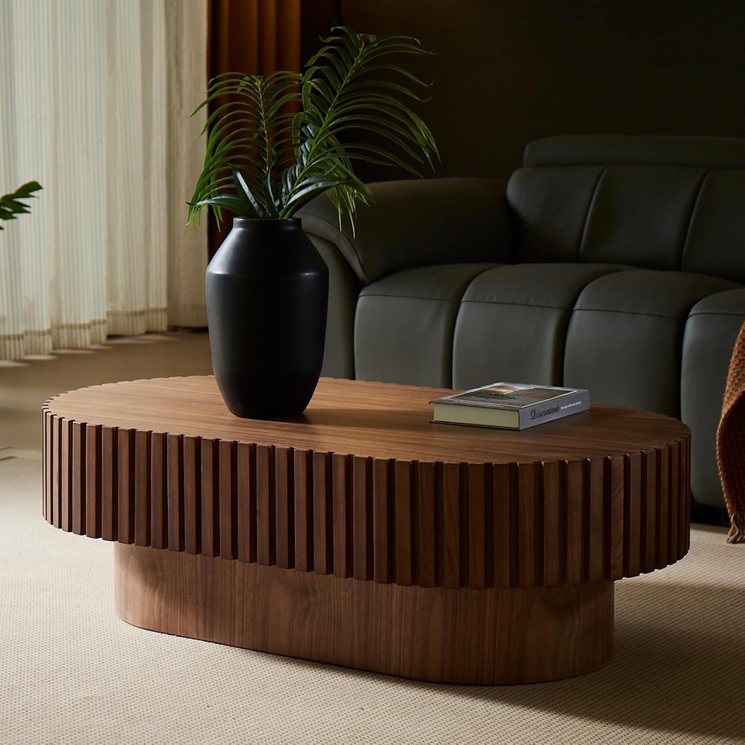 43.7" Oval Coffee Table for Living Room,Modern Handcraft Drum Coffee TableSmall Wooden Coffee Table