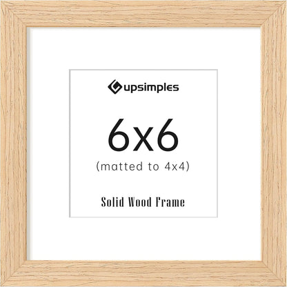 upsimples 6x6 Picture Frame, Natural Solid Wooden Picture Frames, Display 4x4 with Mat or 6 x 6