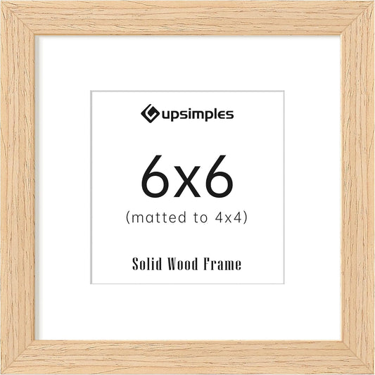 upsimples 6x6 Picture Frame, Natural Solid Wooden Picture Frames, Display 4x4 with Mat or 6 x 6