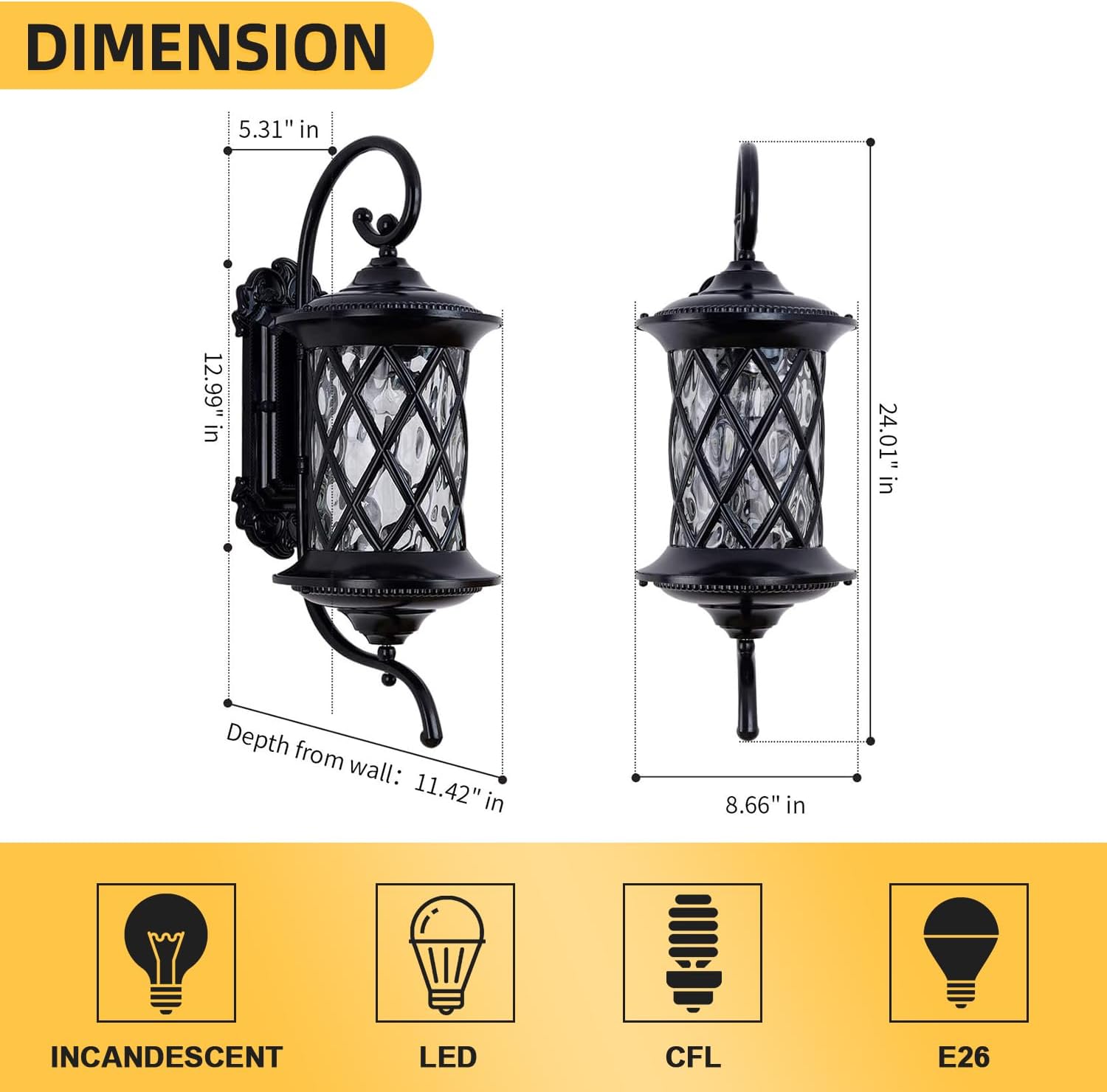 Retro Large Outdoor Wall Lanterns 24" Exterior Light Fixtures Coach Light Waterproof Aluminium with