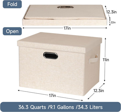 Large 17" 36 Quart Collapsible Stackable Storage Bins with Lids, 3 Packs Light Orange Linen Fabric