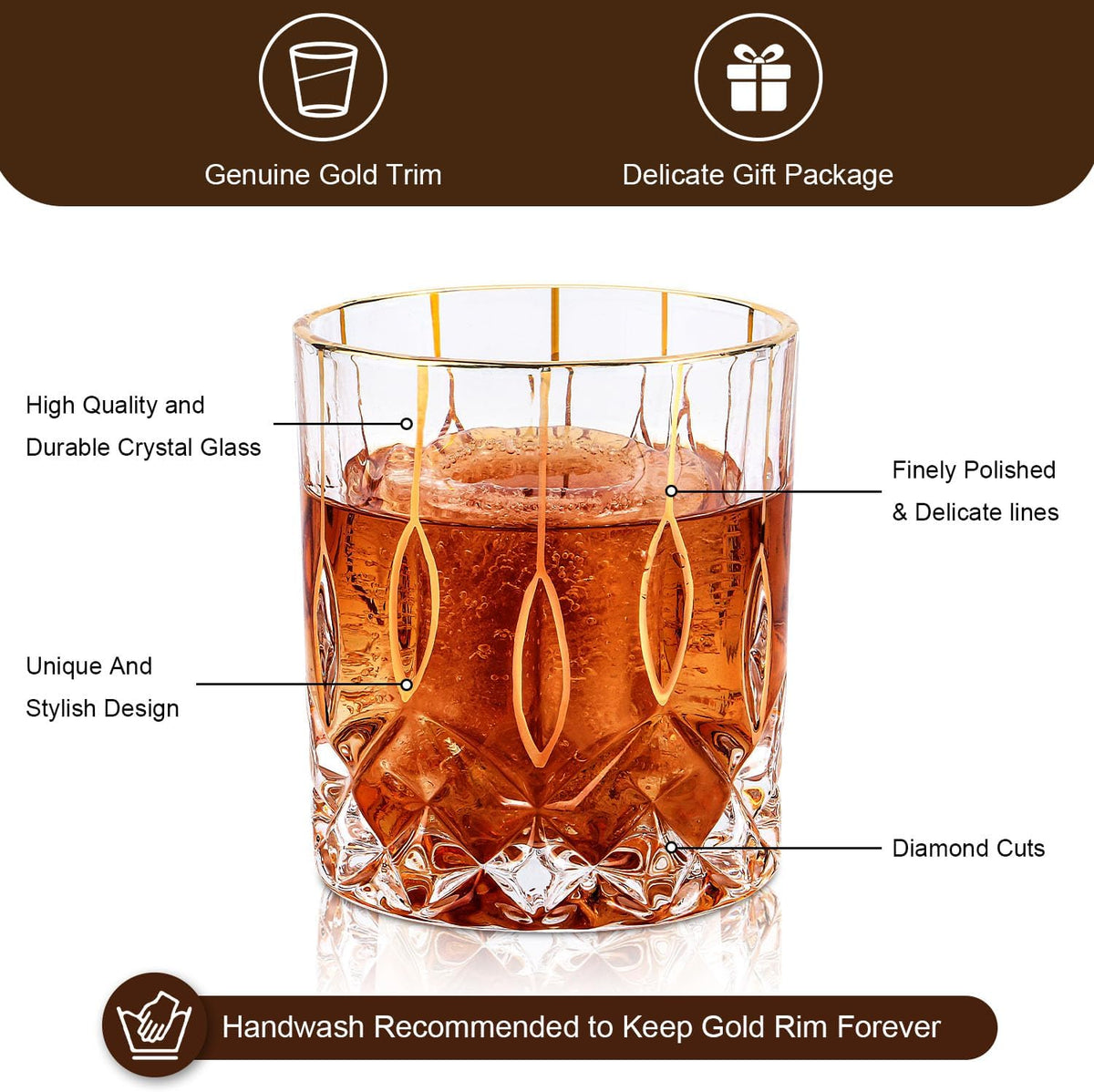Gold Rim Whiskey Glasses Set of 2,Crystal Old Fashioned Glasses-Luxury Gold Collection,Perfect for