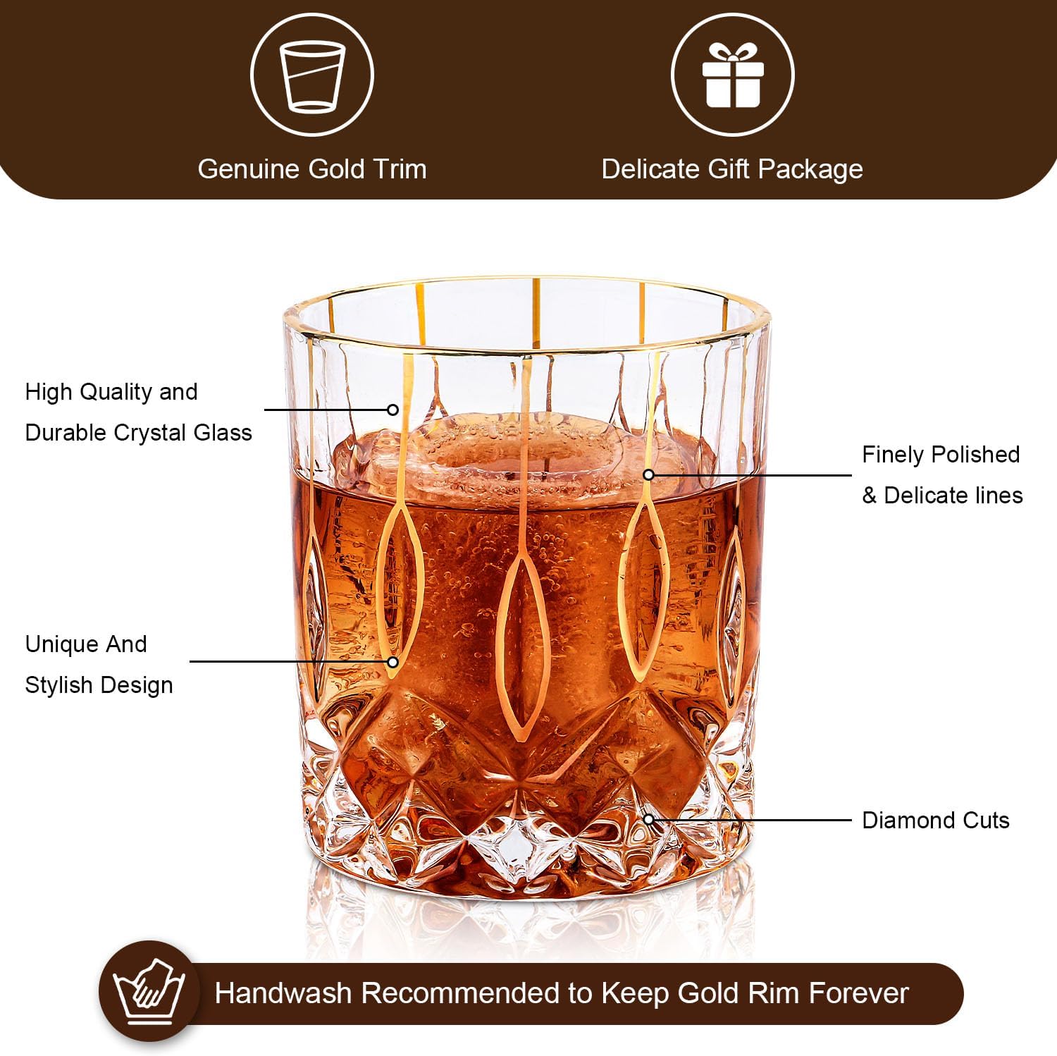 Gold Rim Whiskey Glasses Set of 2,Crystal Old Fashioned Glasses-Luxury Gold Collection,Perfect for