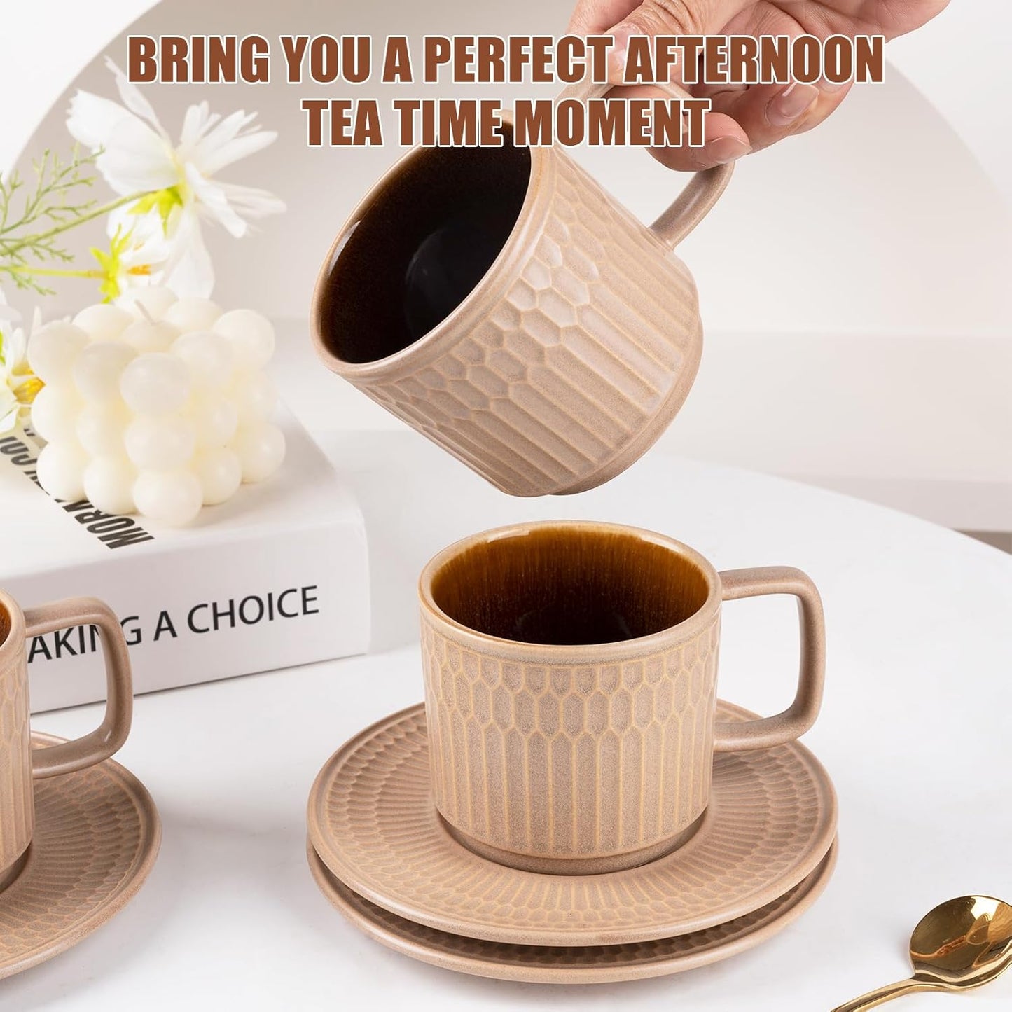 Large Cappuccino Cups with Saucers Set of 4, 8 Ounce Stackable Embossed Ceramic Coffee Mugs for