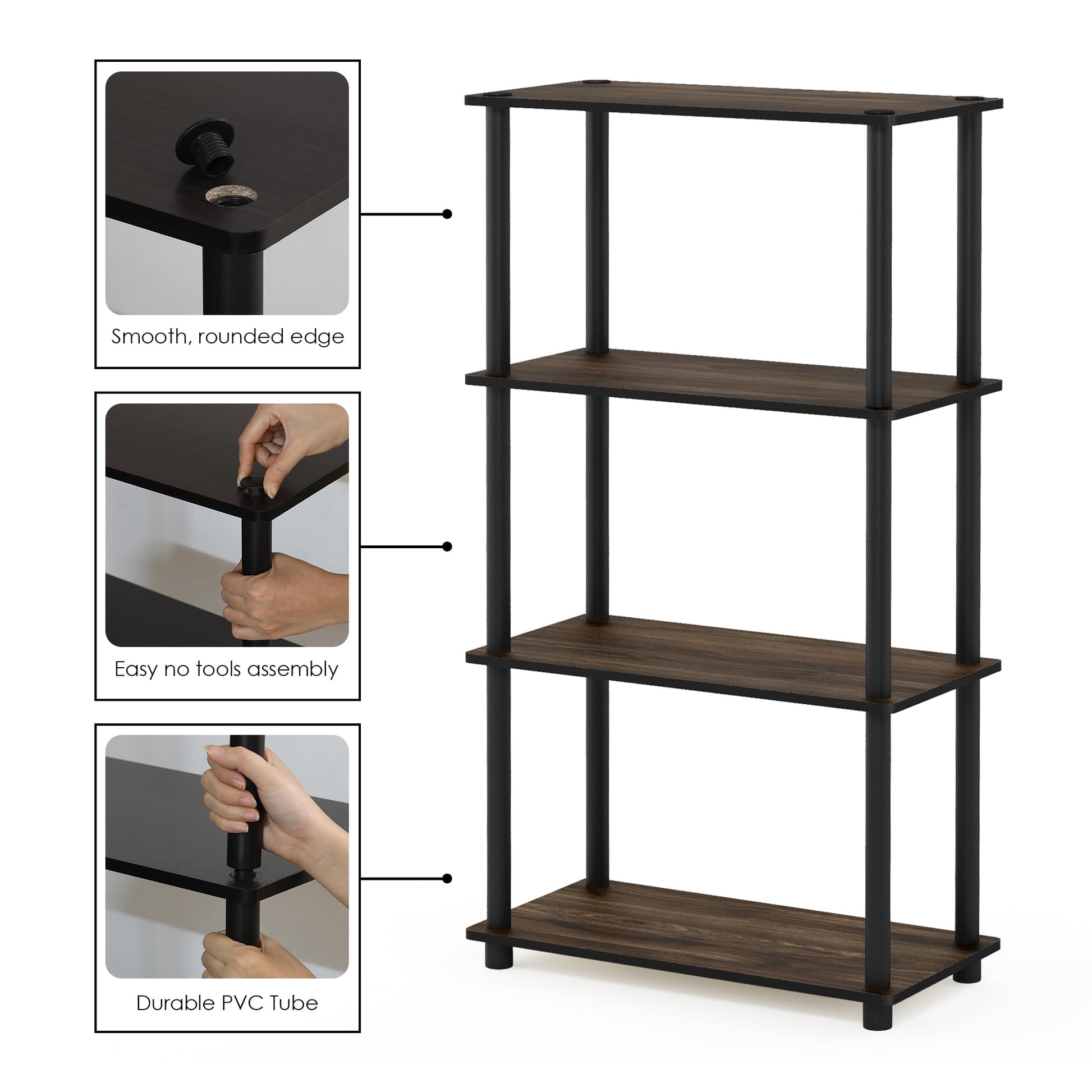 Furinno Turn-N-Tube Storage Shelves, 4-Tier Book Shelf, Corner Shelf, Toolless Open Shelves, for