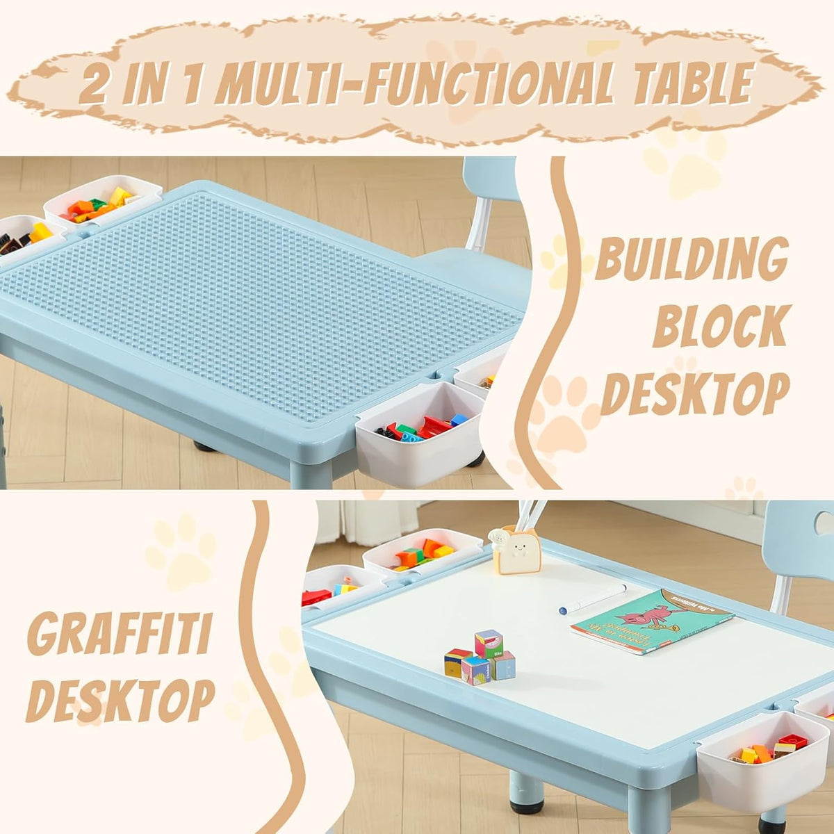Multi Functional Kids Table and 2 Chairs Set, Graffiti & Building Blocks Double-Sided Tabletop