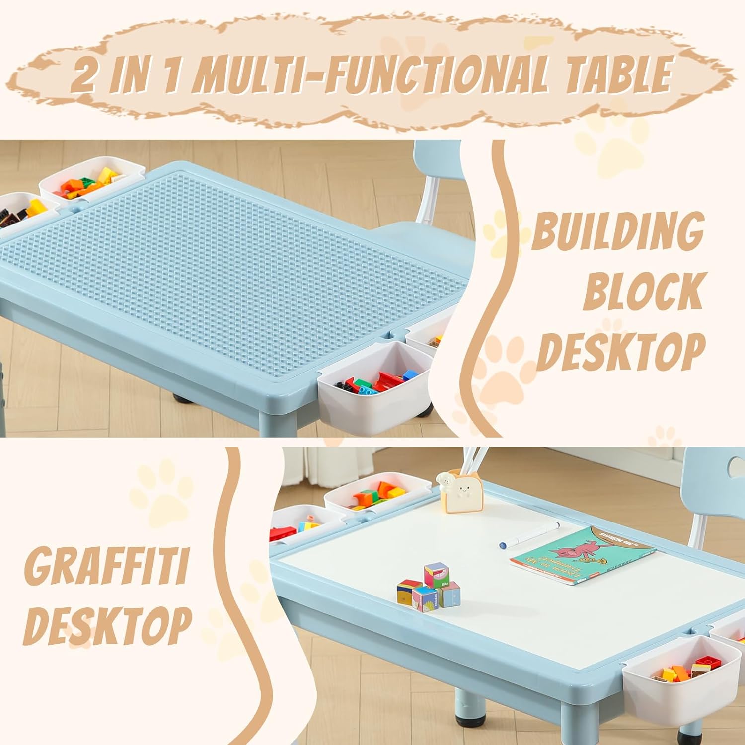 Multi Functional Kids Table and 2 Chairs Set, Graffiti & Building Blocks Double-Sided Tabletop
