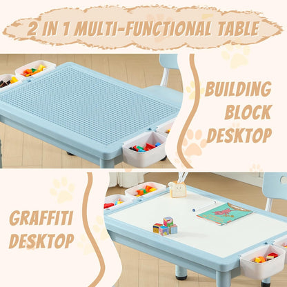 Multi Functional Kids Table and 2 Chairs Set, Graffiti & Building Blocks Double-Sided Tabletop