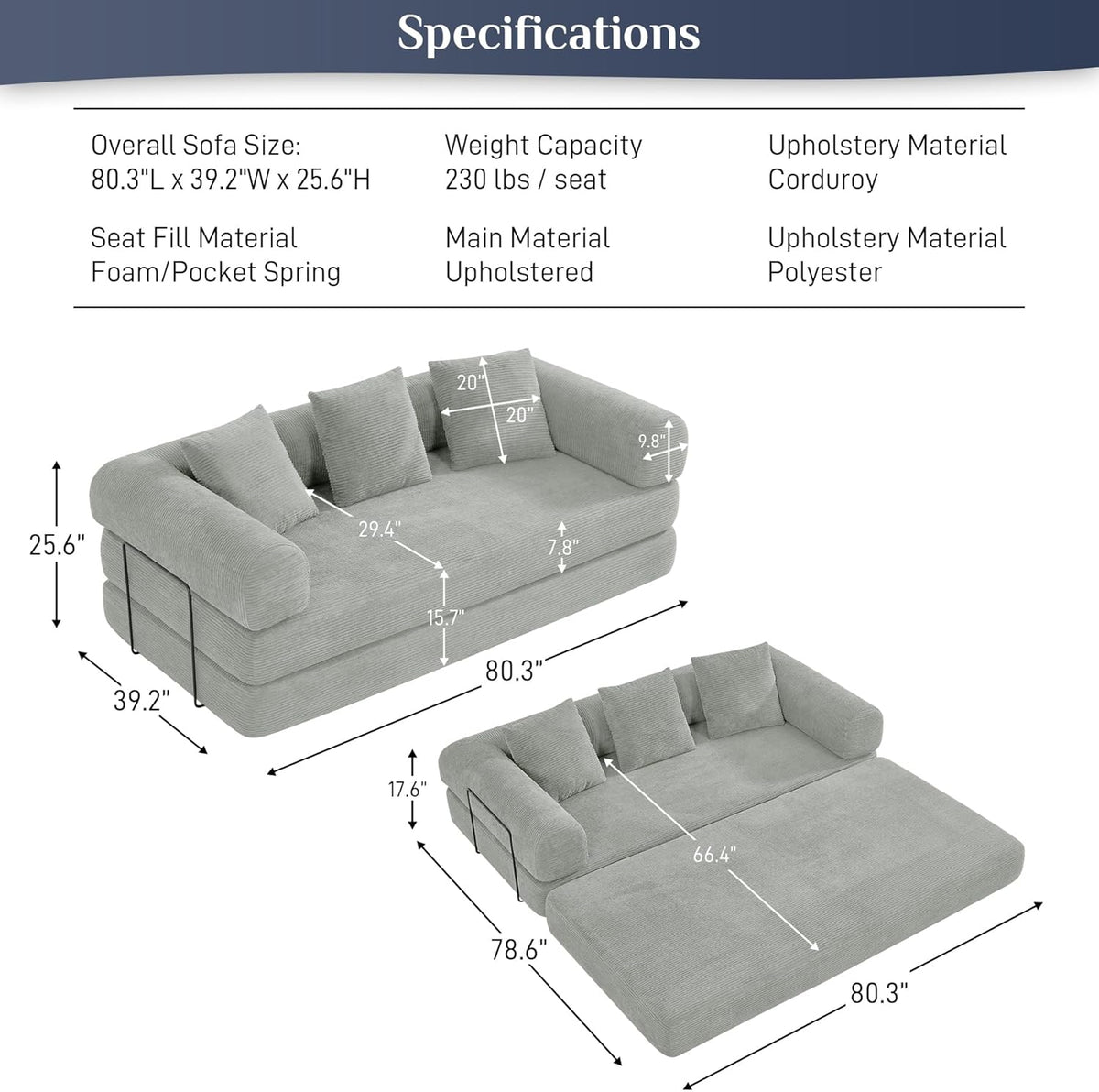 Convertible Sleeper Sofa Bed with Pillow, 4-in-1 Corduroy Folding Mattress Couch with Fixed-Shape