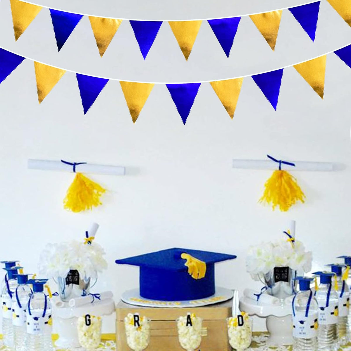 Royal Blue Gold Party Decoration Navy Blue Gold Triangle Pennant Banner Flag Metallic Fabric