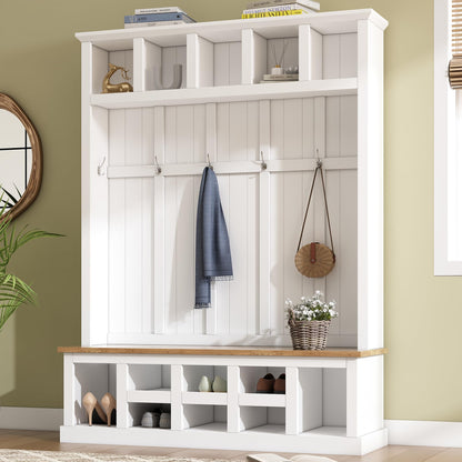Merax Wood Farmhouse Hall Tree with Storage Entryway Bench, 3-in-1 Coat Racks with 6 Hooks &Shelves