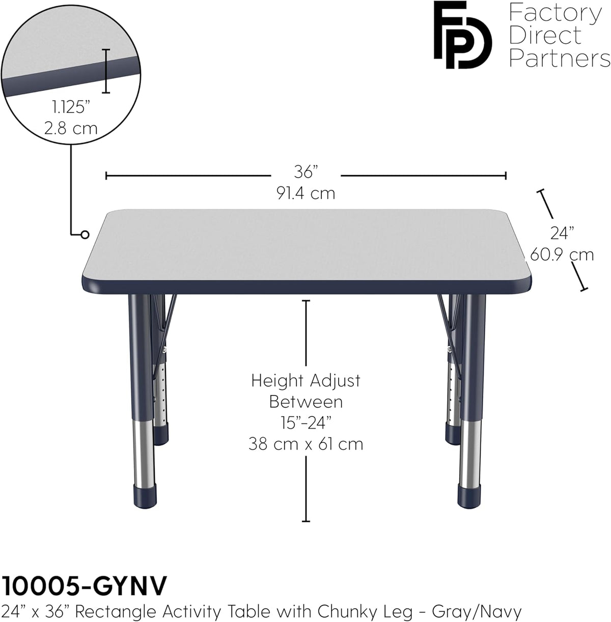 FDP Rectangle Activity School and Classroom Kids Table (24 x 36 inch), Chunky Toddler Leg
