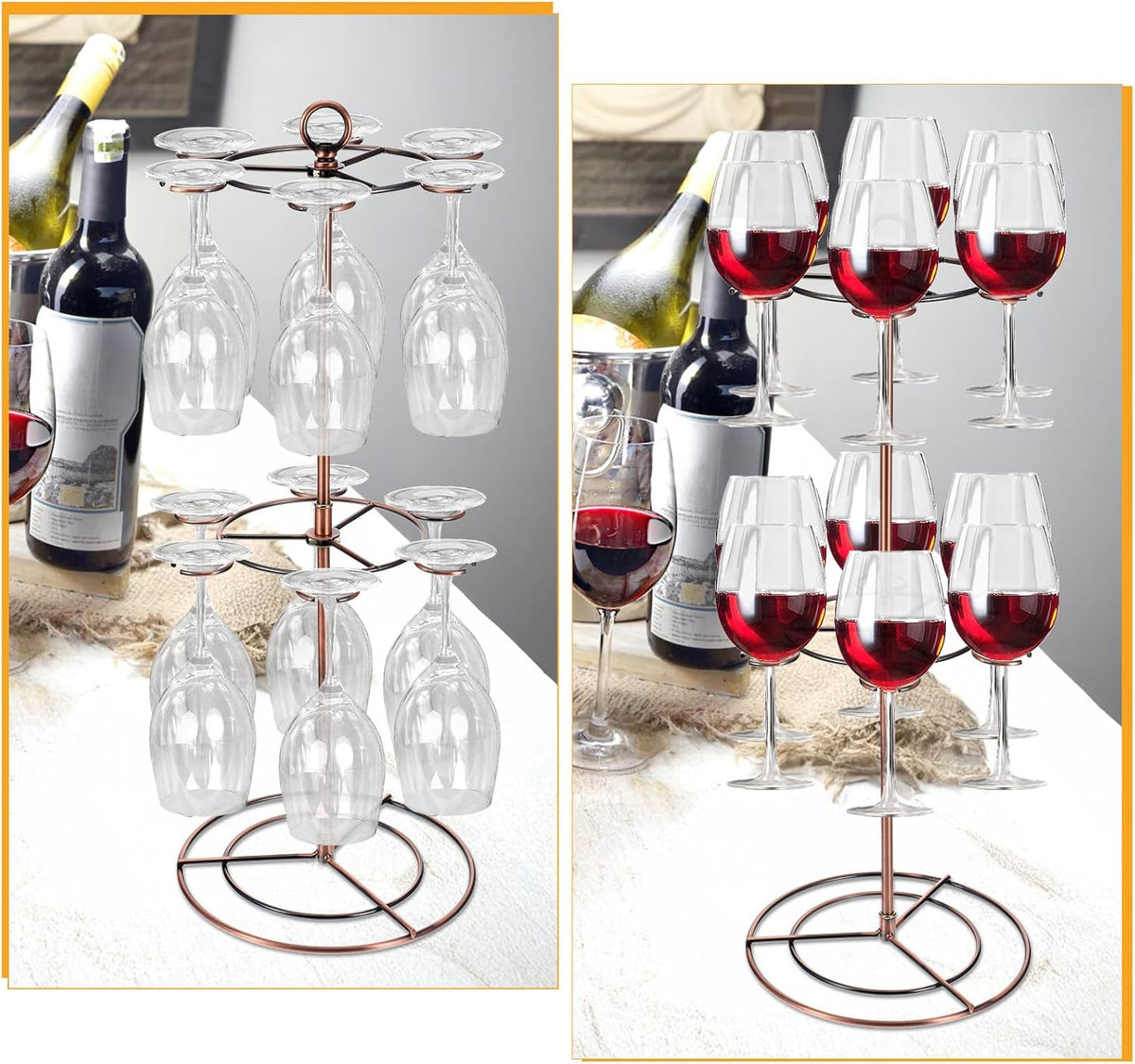 Black Metal Countertop Wine Glass Holder with Scrollwork Design, Freestanding Tabletop Stemware