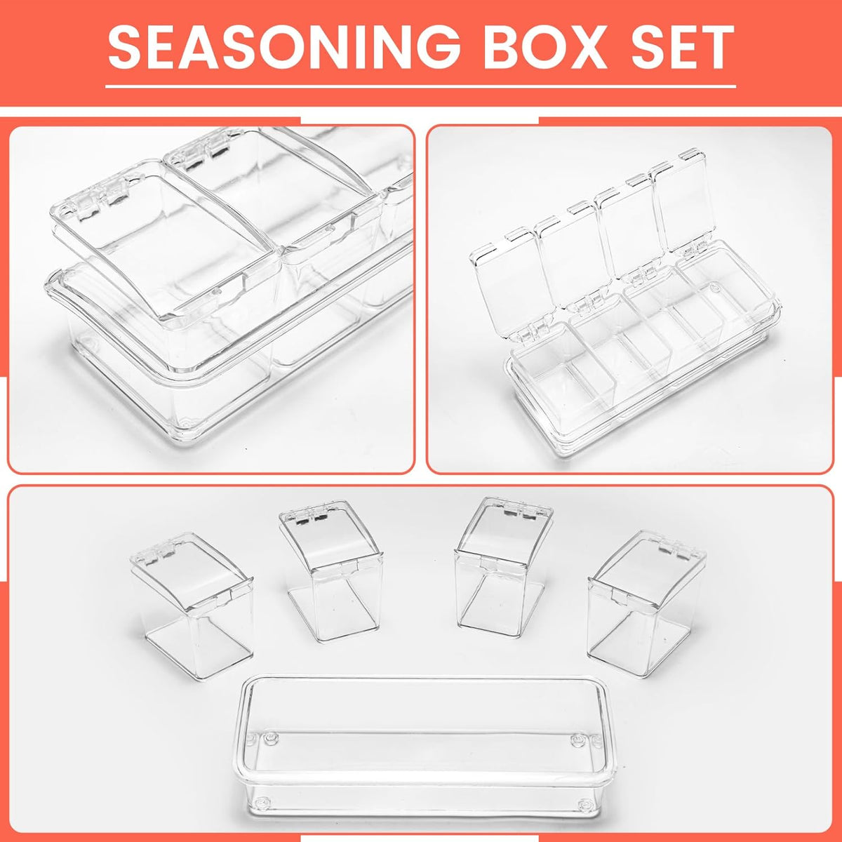 Clear Seasoning Box, 4 Piece Seasoning Rack Spice Pots, Plastic Storage Container Condiment Jars